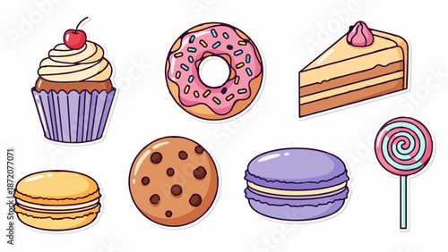 A collection of stylized, colorful baked goods and candies displayed on a white background