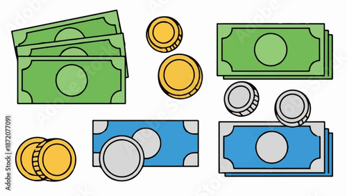 A collection of stylized cash and coins, rendered in simple, flat colors and bold outlines