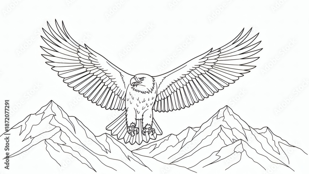 Obraz premium A majestic bald eagle soars powerfully above rugged mountain peaks.