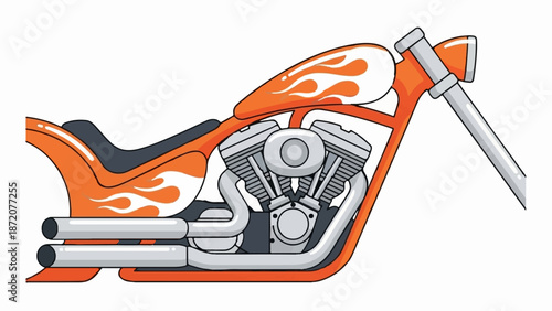 A detailed, cartoon-style illustration of a powerful, orange motorcycle engine with flame graphics