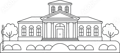 Classical government building facade outline illustration with columns windows trees symmetrical architecture black white line art vector