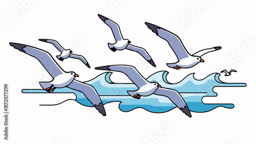 A flock of stylized seagulls soar above dynamic ocean waves, rendered in a simple, graphic style