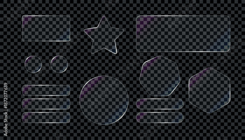 Light frame liquid glass, glass panel set for mobile and web app, tech board frame in futuristic style. HUD element interface, vector illustration.