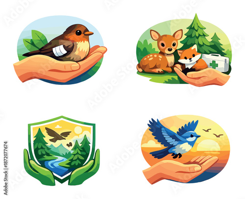 Nature conservation icons: bird, deer, fox, environment, wildlife care, forest, sunset