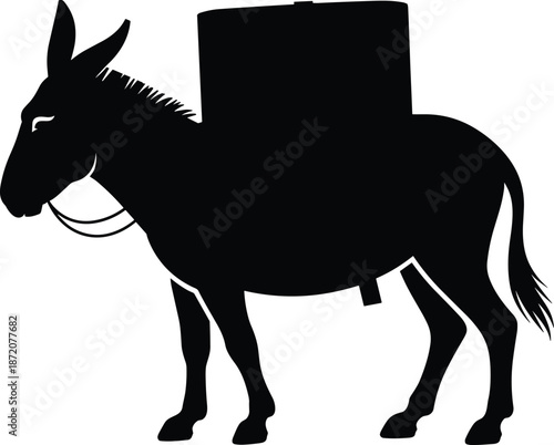 Donkey carrying cargo silhouette illustration black and white animal transport concept rural farming pack animal design