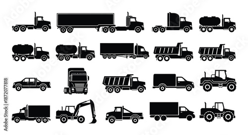 Collection of various black silhouette trucks and heavy construction vehicles