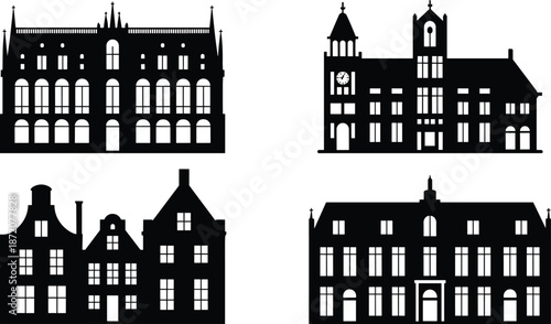 European historic buildings silhouette collection featuring town hall clock tower classic houses and old city architecture black vector icons