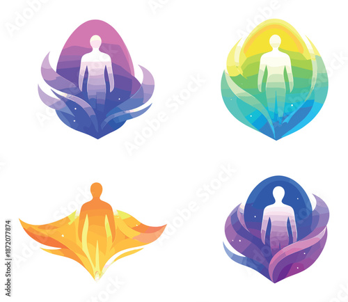 Colorful abstract human silhouettes with ethereal glow and aura energy