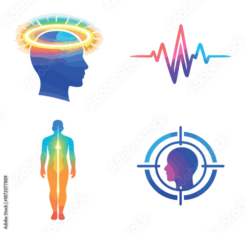 Colorful abstract concepts: human mind, heartbeat, anatomy, focus icons in vibrant neon