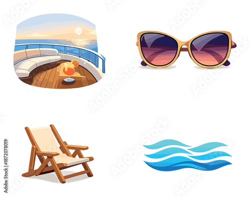 Summer cruise essentials: sunglasses, deck chair, ocean waves, and sunset view