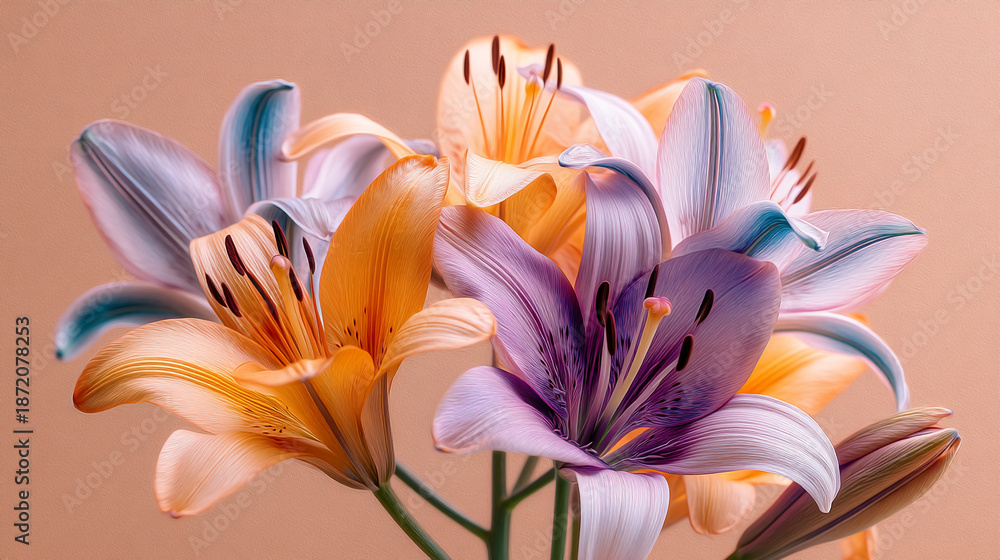 Fototapeta premium A close-up view of vibrant lilies with purple and orange petals.