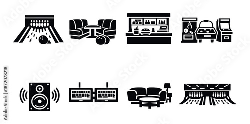 Silhouettes of bowling alley icons: lanes, seating, snacks, arcade games, and speaker
