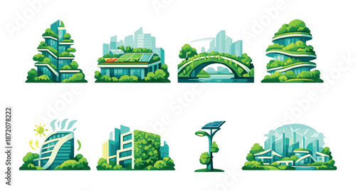Futuristic eco-city concepts with green architecture and renewable energy