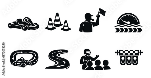 Karting icons: go-kart, racetrack, flags, safety cones, racing elements