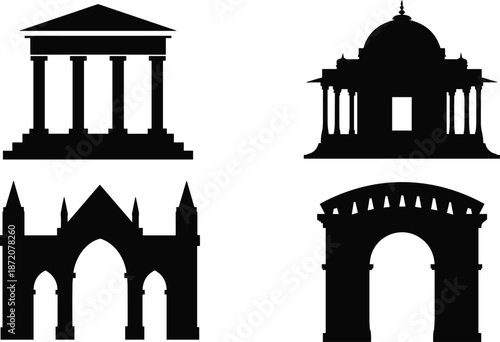Historic landmark architecture silhouettes set featuring classical temple dome pavilion gothic church and triumphal arch black vector icons