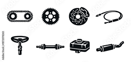 Monochrome bicycle parts icons including chain and brake disc