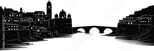 Historic riverside city skyline silhouette with arched stone bridge old town architecture black and white panoramic vector illustration