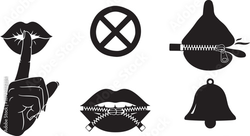 Censorship symbols and zipped mouths in black and white