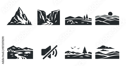 Monochrome mountain river landscapes with silhouettes of nature scenes