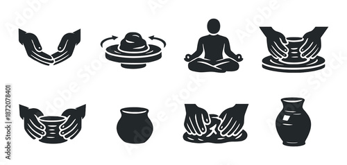 Pottery crafting icons: hands working with clay and pottery wheel