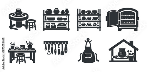 Pottery studio essentials: pottery wheel, shelves, kiln, tools, apron, studio icon set