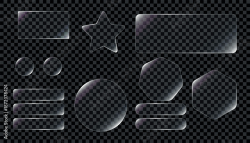 Light frame liquid glass, glass panel set for mobile and web app, tech board frame in futuristic style. HUD element interface, vector illustration.