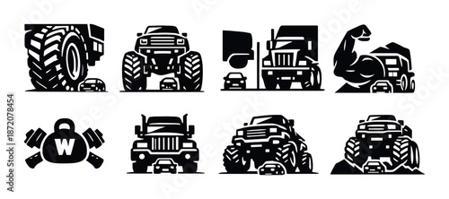 Bold black and white monster truck icons on gray background