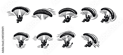 Silhouette paragliding sequence on gray gradient background