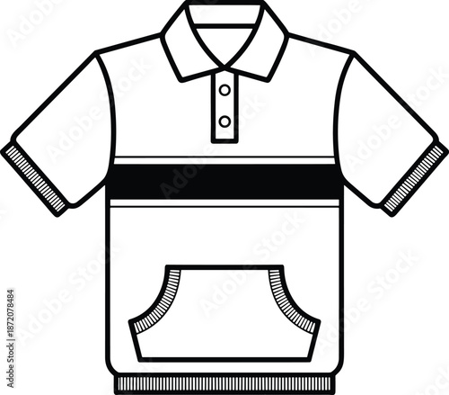 Men polo shirt outline illustration with collar buttons stripe detail and front pocket casual fashion line art vector