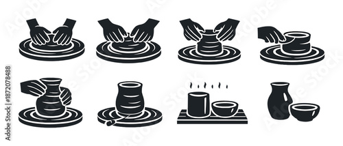 Monochrome pottery crafting icons depicting hands and ceramic objects