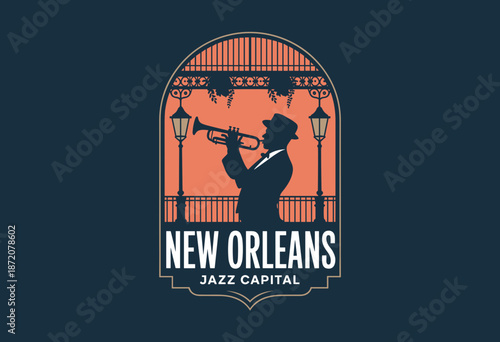 Jazz Musician Silhouetted Against Iconic New Orleans Balcony in Warm Coral and Deep Blue