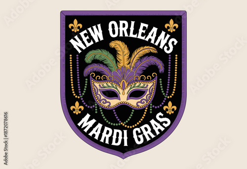 Vibrant Mardi Gras Celebration Emblem with Colorful Mask and Festive Beads Encapsulating New Orleans Spirit