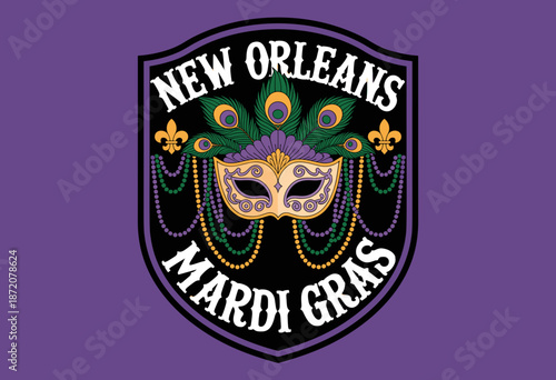 Vibrant Mardi Gras Celebration Emblem Featuring Colorful Masquerade Mask and Beads Against a Purple Background