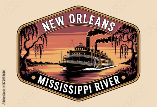 Vintage Steamboat Cruise along the Majestic Mississippi River at Dusk with Vibrant Sunset Hues