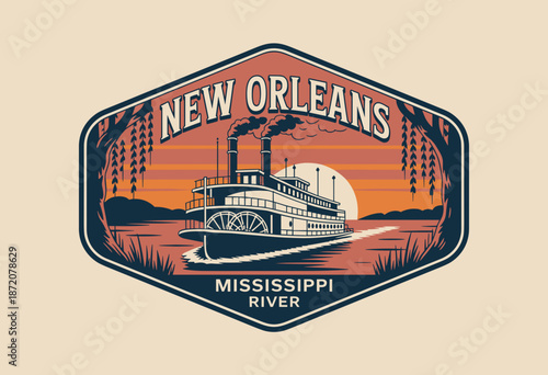Vintage Steamboat on the Mississippi River at Sunset with Iconic New Orleans Design