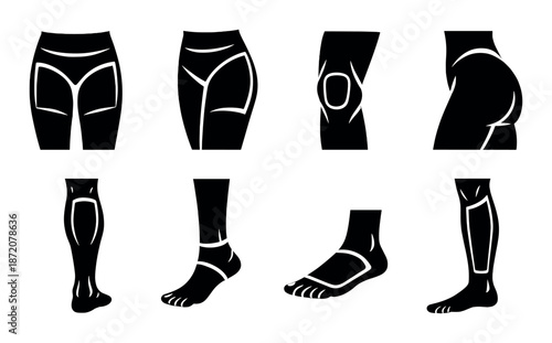 Monochrome silhouette illustrations of human body parts highlighting muscle groups