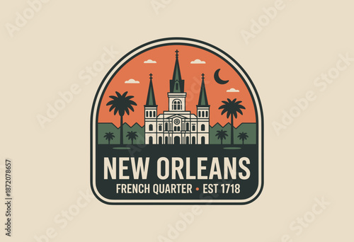 Stylish Vintage Emblem of New Orleans' French Quarter Featuring Historic Architecture and Tropical Palms
