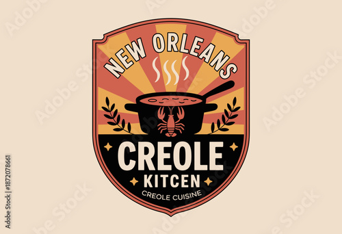 Vibrant Vintage Logo of New Orleans Creole Kitchen Featuring a Pot and Lobster with Warm Retro Colors