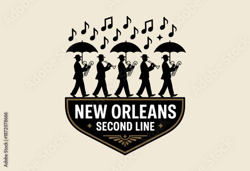 Celebratory New Orleans Second Line Parade with Musicians and Umbrellas in Nostalgic Black and Gold Design
