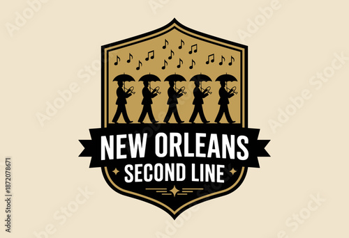 Energetic New Orleans Second Line Parade with Musicians Playing Under Umbrellas in Vibrant Atmosphere