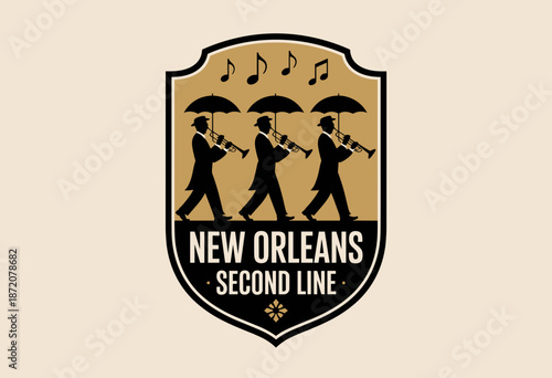 Festive New Orleans Second Line Parade with Jazz Musicians Under Umbrellas in Vintage Style