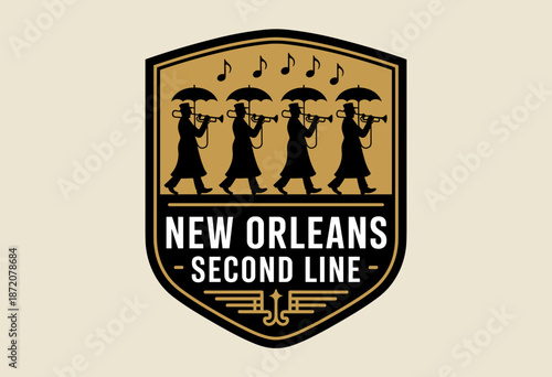 Celebratory New Orleans Second Line Parade with Jazz Musicians Under Umbrellas in Vibrant Gold and Black