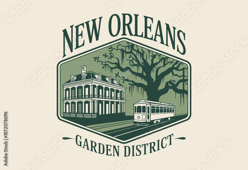 Vintage Illustration of New Orleans Garden District with Iconic Architecture and Streetcar on Soft Beige Background