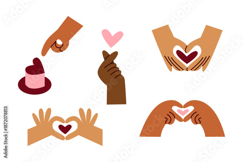 Love gesture set. Hands with various skin color  form a heart from fingers. Affection and Valentines day symbol.