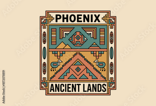 Vibrant Vintage-Inspired Logo Featuring a Stylized Phoenix in Warm Earthy Colors