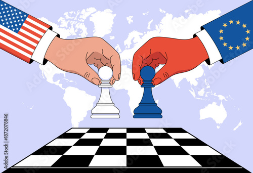 Strategic Power Play: U.S. and European Hands Moving Chess Pieces Against a Global Backdrop