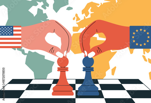 Strategic Power Play: U.S. and European Hands Moving Chess Pieces Against a Global Backdrop