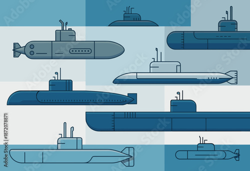 Stylized Graphic of Various Submarine Designs in Cool Blue Hues on a Contemporary Background