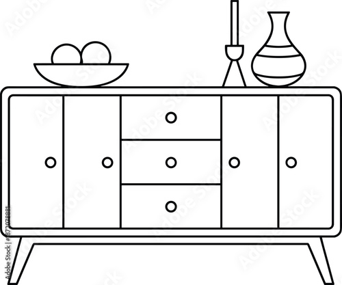 Modern sideboard cabinet line art illustration with drawers doors decorative vase candle bowl minimalist interior furniture vector design