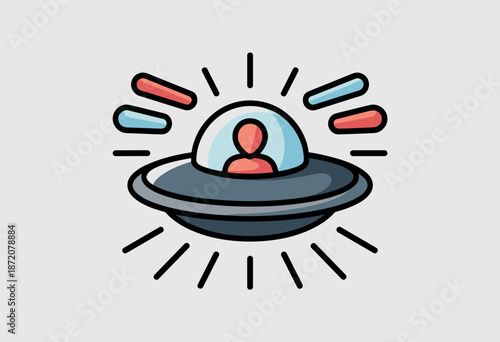 Playful Cartoon UFO with Abductee Amidst Colorful Beam Lights in a Whimsical Design